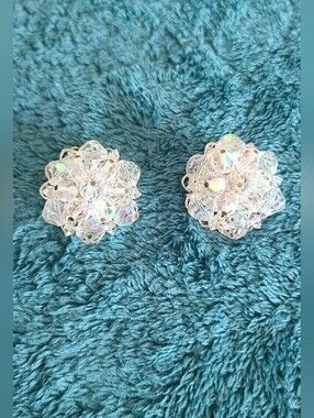 Vintage Iridescent Clear Crystal Cluster Clip-On Earrings